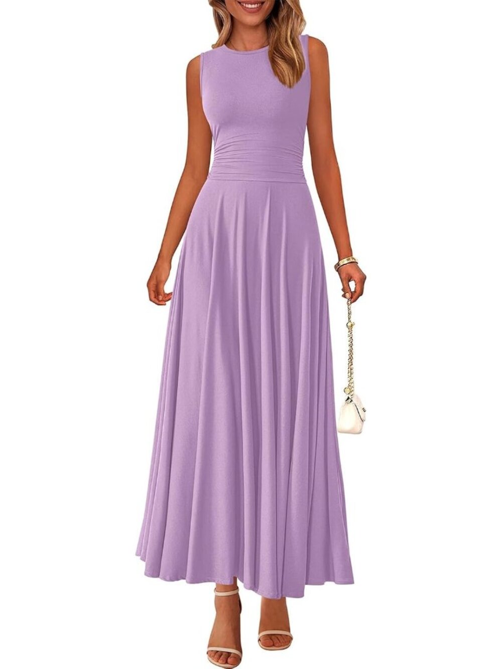 Women's Purple Crewneck High Waisted Casual Sleeveless 2026 Aline Maxi Dresses